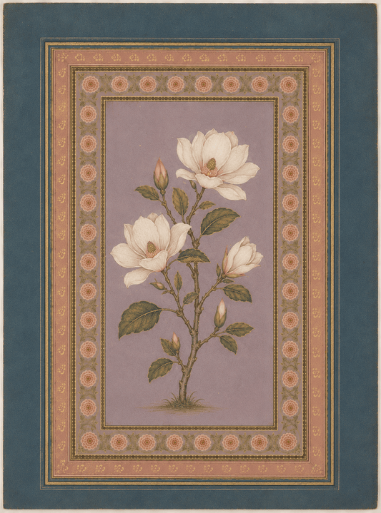Ivory Blossoms botanical miniature on lavender with ornate rose and teal borders