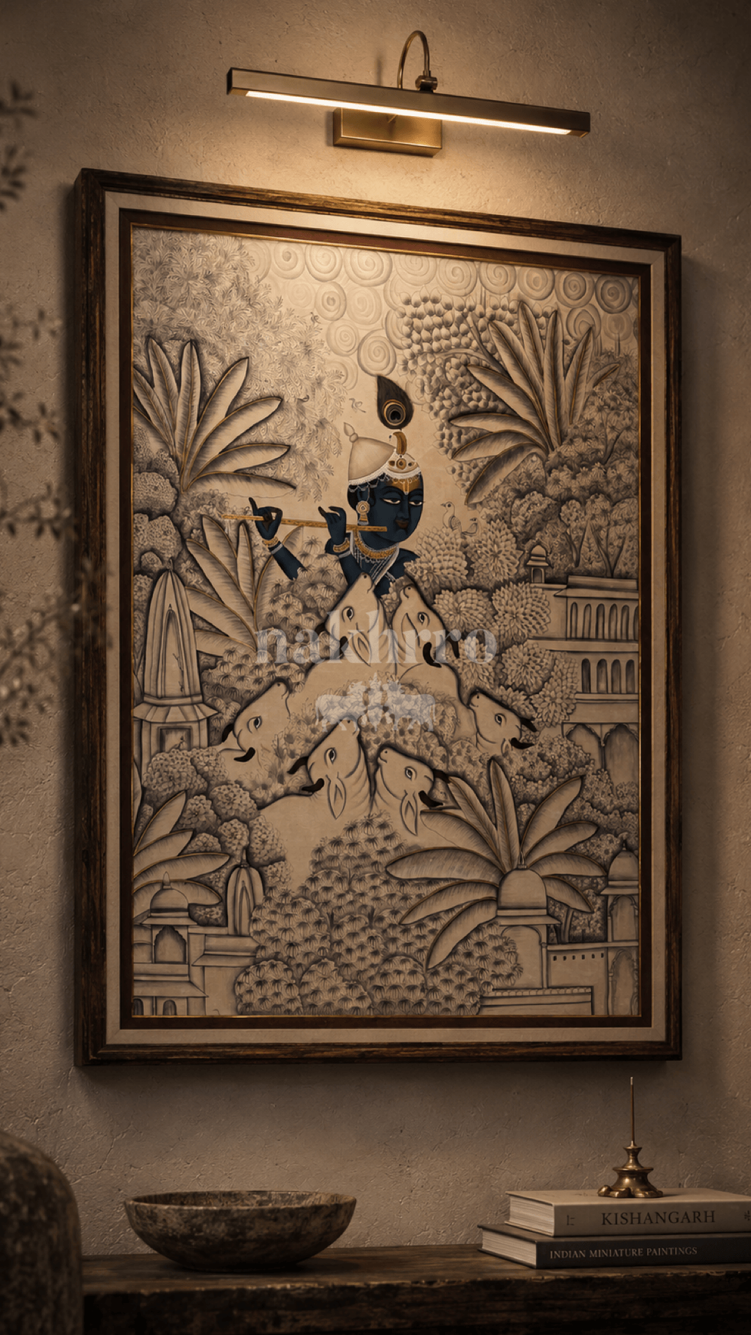 Krishna with Cows | Monochromatic Pichwai in Mauve and Indigo | Museum-Grade Pichwai Print for Foyer and Living Room