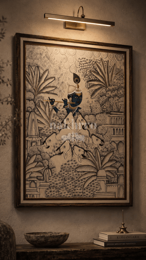Krishna with Cows | Monochromatic Pichwai in Mauve and Indigo | Museum-Grade Pichwai Print for Foyer and Living Room - Nakhrro