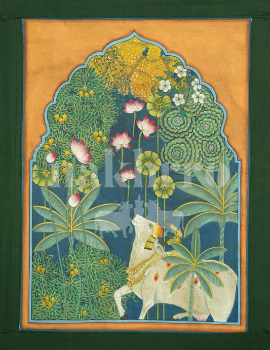 Kamdhenu Pichwai art print set in Nidhivan with lotuses, floral swirls, and saffron backdrop – museum-grade archival Indian artwork.

