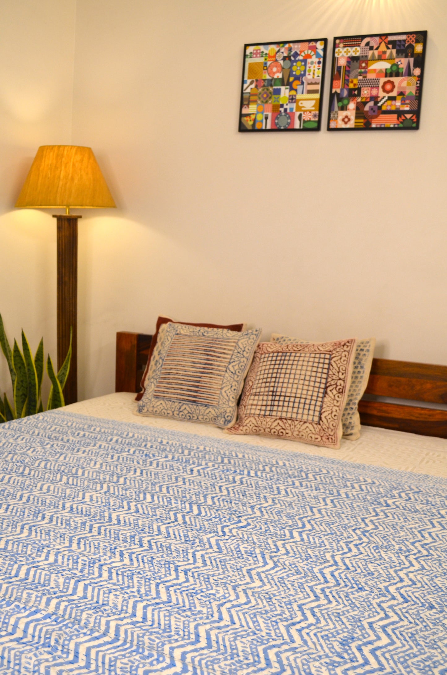 Chevron Blue Double Bed Queen Hand Embroidered Bedspread/ Dohar - Nakhrro
