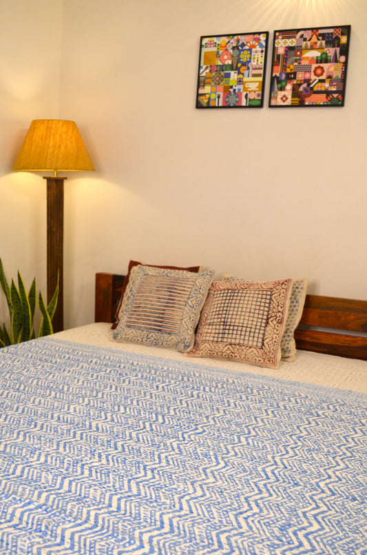 Chevron Blue Double Bed Queen Hand Embroidered Bedspread/ Dohar - Nakhrro