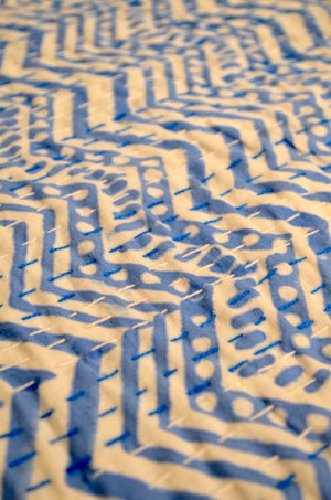Chevron Blue Double Bed Queen Hand Embroidered Bedspread/ Dohar - Nakhrro