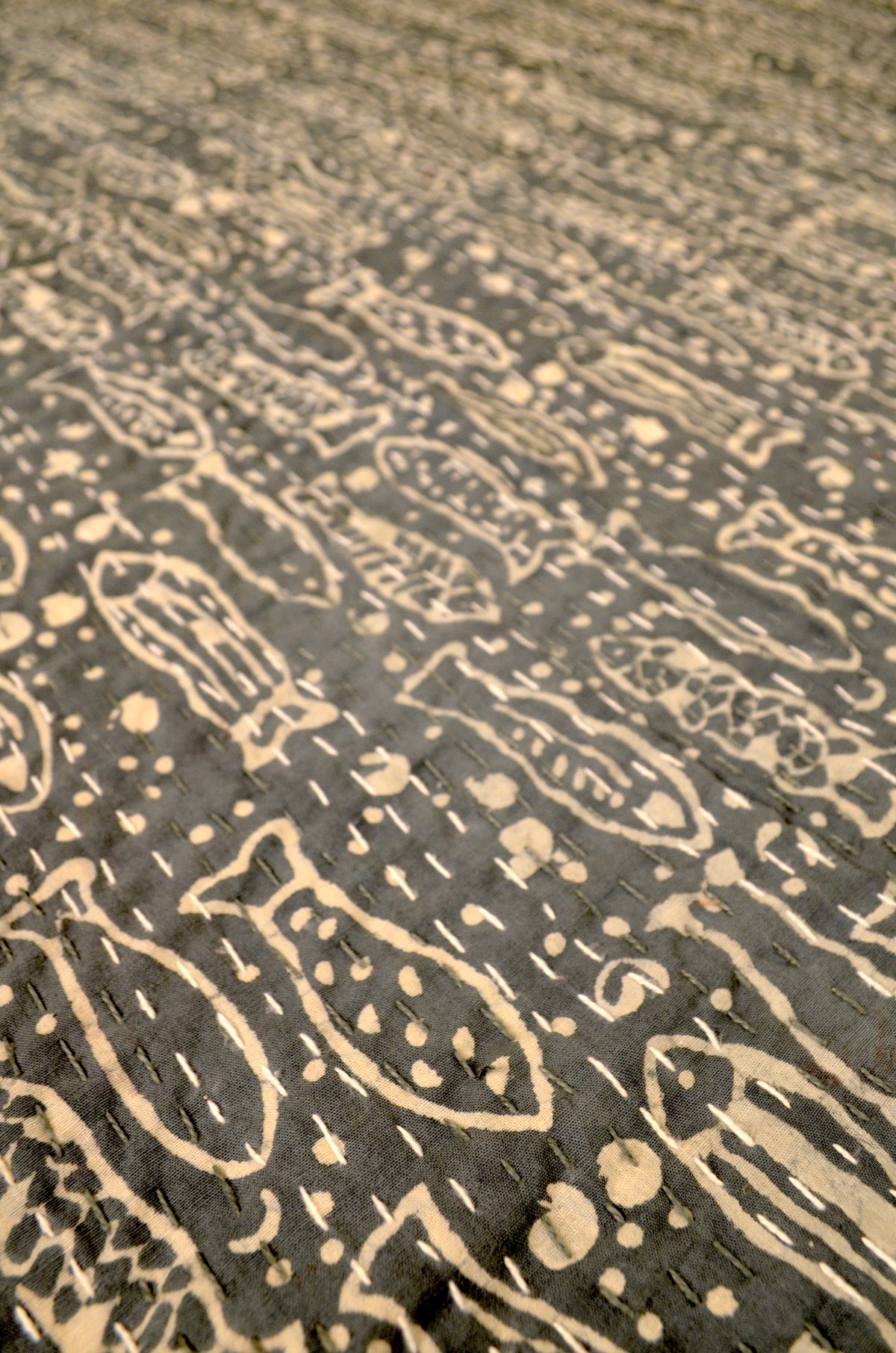 Grey Fish Hand Block Double Bed Queen Hand Embroidered Bedspread/ Dohar - Nakhrro