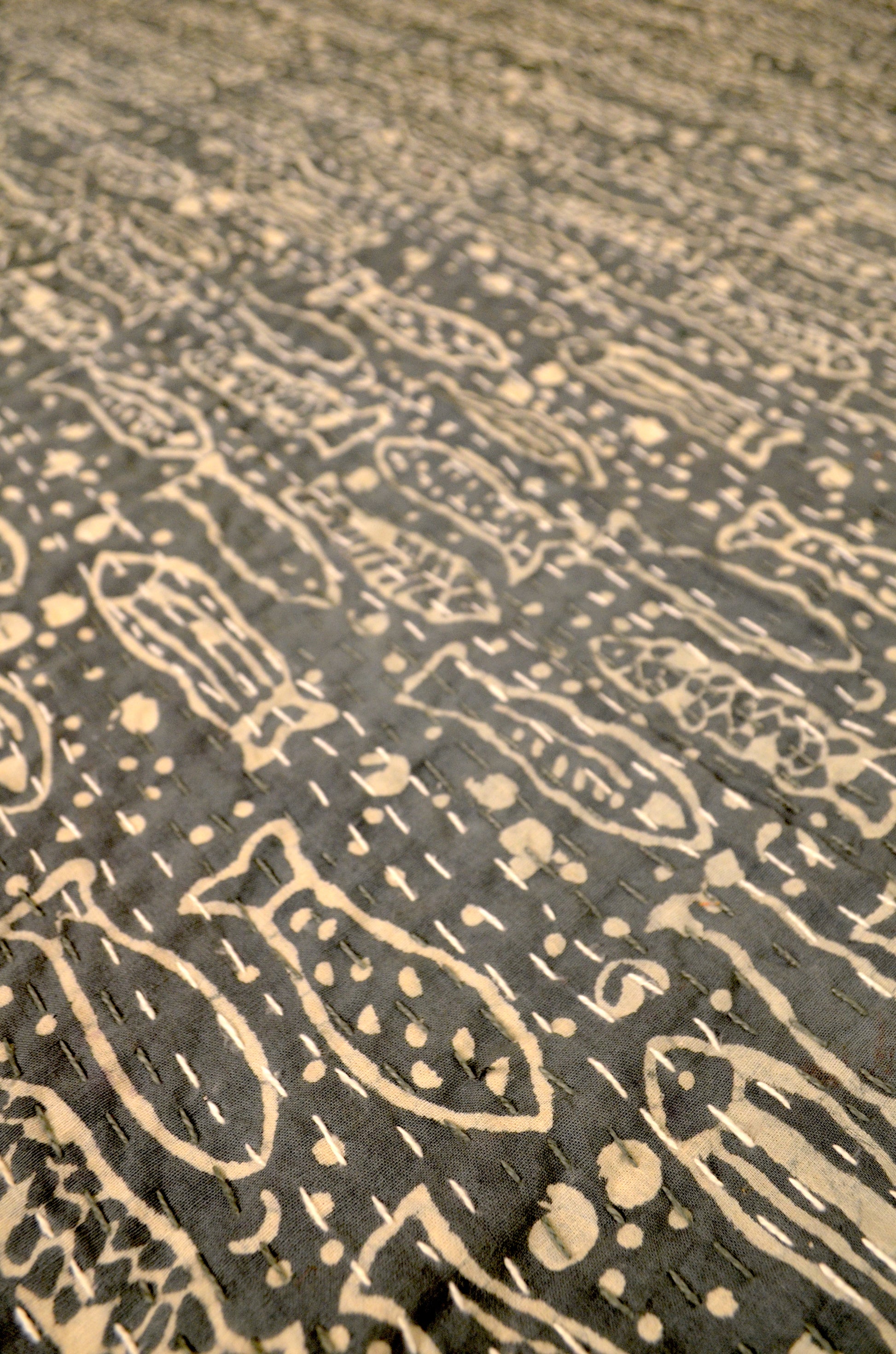 Grey Fish Hand Block Double Bed Queen Hand Embroidered Bedspread/ Dohar - Nakhrro