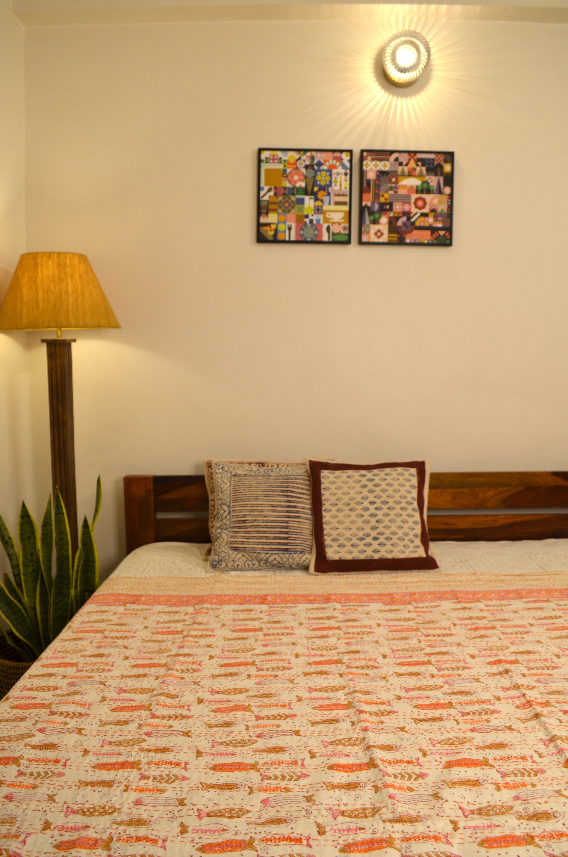 Orange Fish Hand Block Double Bed Queen Hand Embroidered Bedspread/ Dohar - Nakhrro