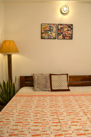 Orange Fish Hand Block Double Bed Queen Hand Embroidered Bedspread/ Dohar - Nakhrro