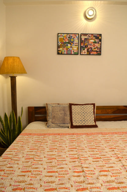 Orange Fish Hand Block Double Bed Queen Hand Embroidered Bedspread/ Dohar - Nakhrro
