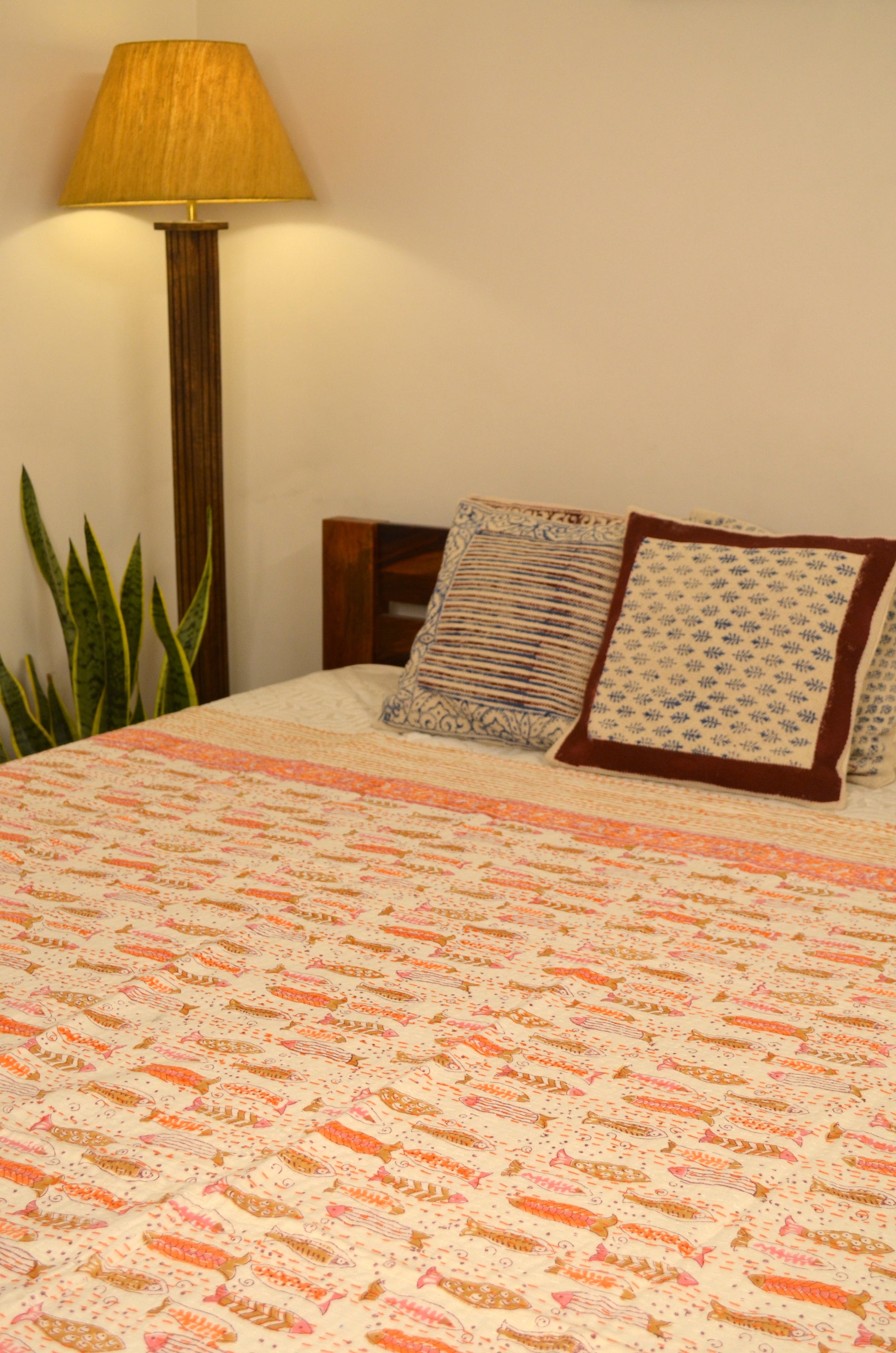 Orange Fish Hand Block Double Bed Queen Hand Embroidered Bedspread/ Dohar - Nakhrro