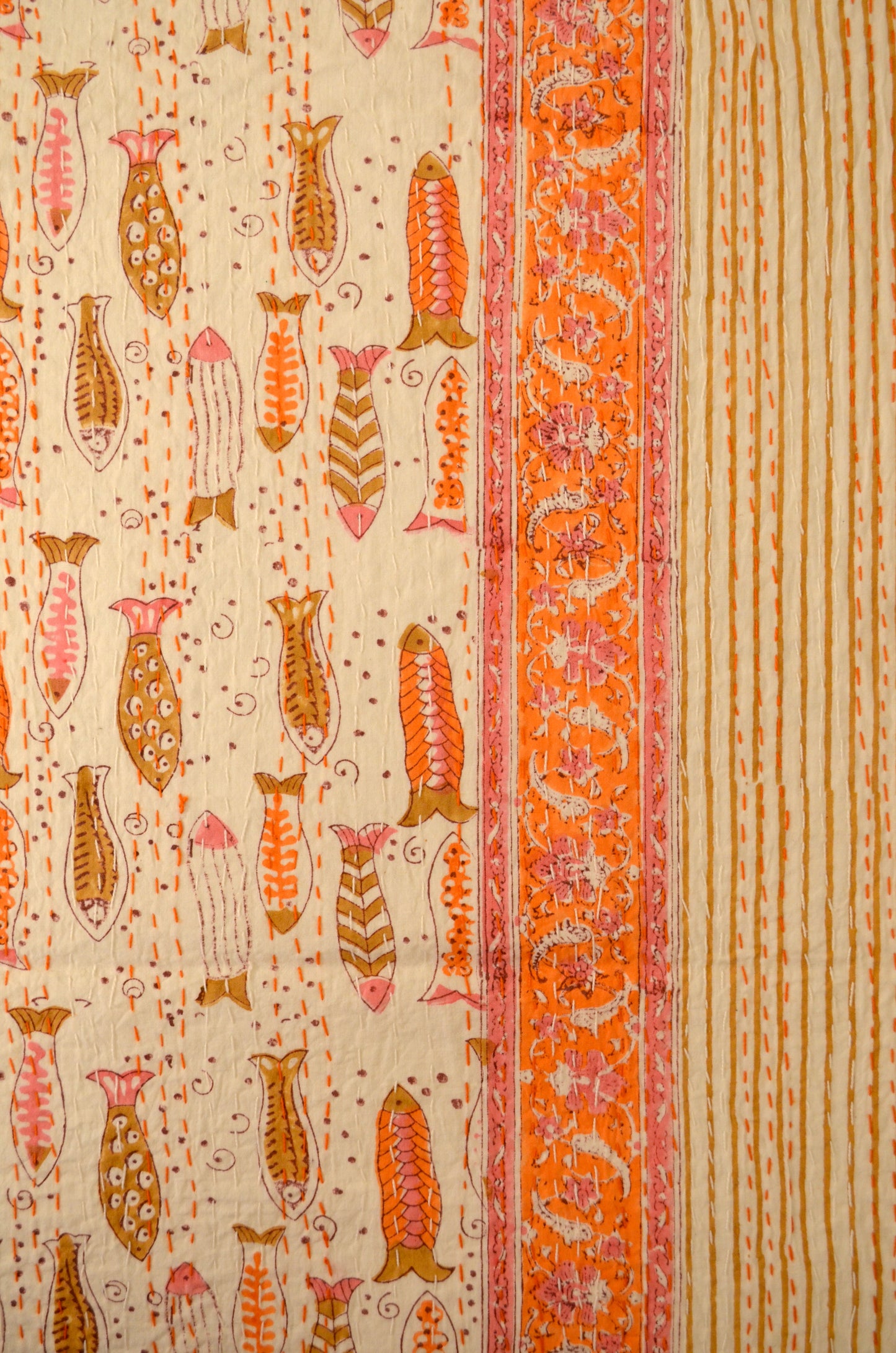 Orange Fish Hand Block Double Bed Queen Hand Embroidered Bedspread/ Dohar - Nakhrro