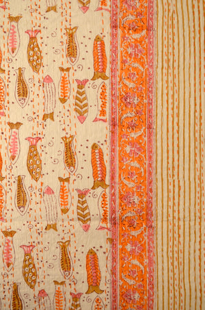 Orange Fish Hand Block Double Bed Queen Hand Embroidered Bedspread/ Dohar - Nakhrro