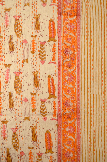 Orange Fish Hand Block Double Bed Queen Hand Embroidered Bedspread/ Dohar - Nakhrro