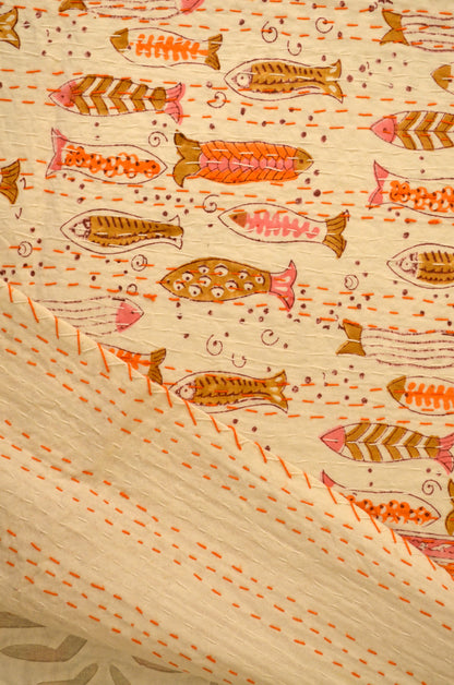 Orange Fish Hand Block Double Bed Queen Hand Embroidered Bedspread/ Dohar - Nakhrro