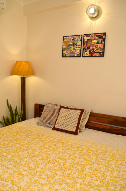 Yellow Floral Hand Block Double Bed Queen Hand Embroidered Bedspread/ Dohar - Nakhrro