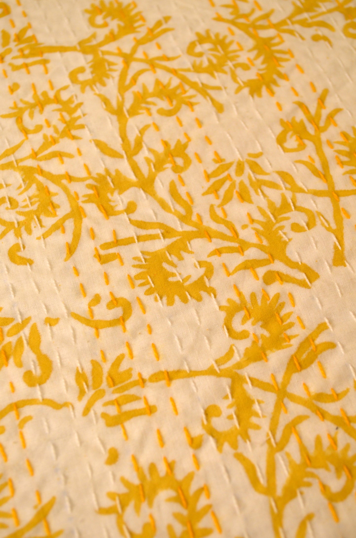 Yellow Floral Hand Block Double Bed Queen Hand Embroidered Bedspread/ Dohar - Nakhrro