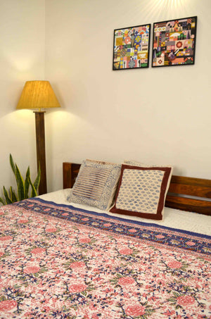 Pink Floral Double Bed Queen Hand Embroidered Bedspread/ Dohar - Nakhrro