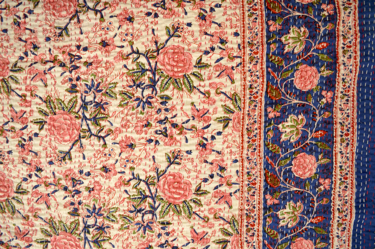 Pink Floral Double Bed Queen Hand Embroidered Bedspread/ Dohar - Nakhrro