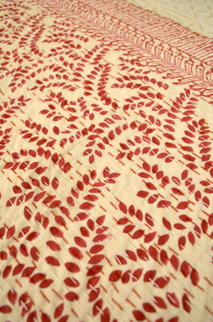 Magenta Leaf Double Bed Queen Hand Embroidered Bedspread/ Dohar - Nakhrro