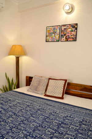 Indigo Fish Hand Block Double Bed Queen Hand Embroidered Bedspread/ Dohar - Nakhrro