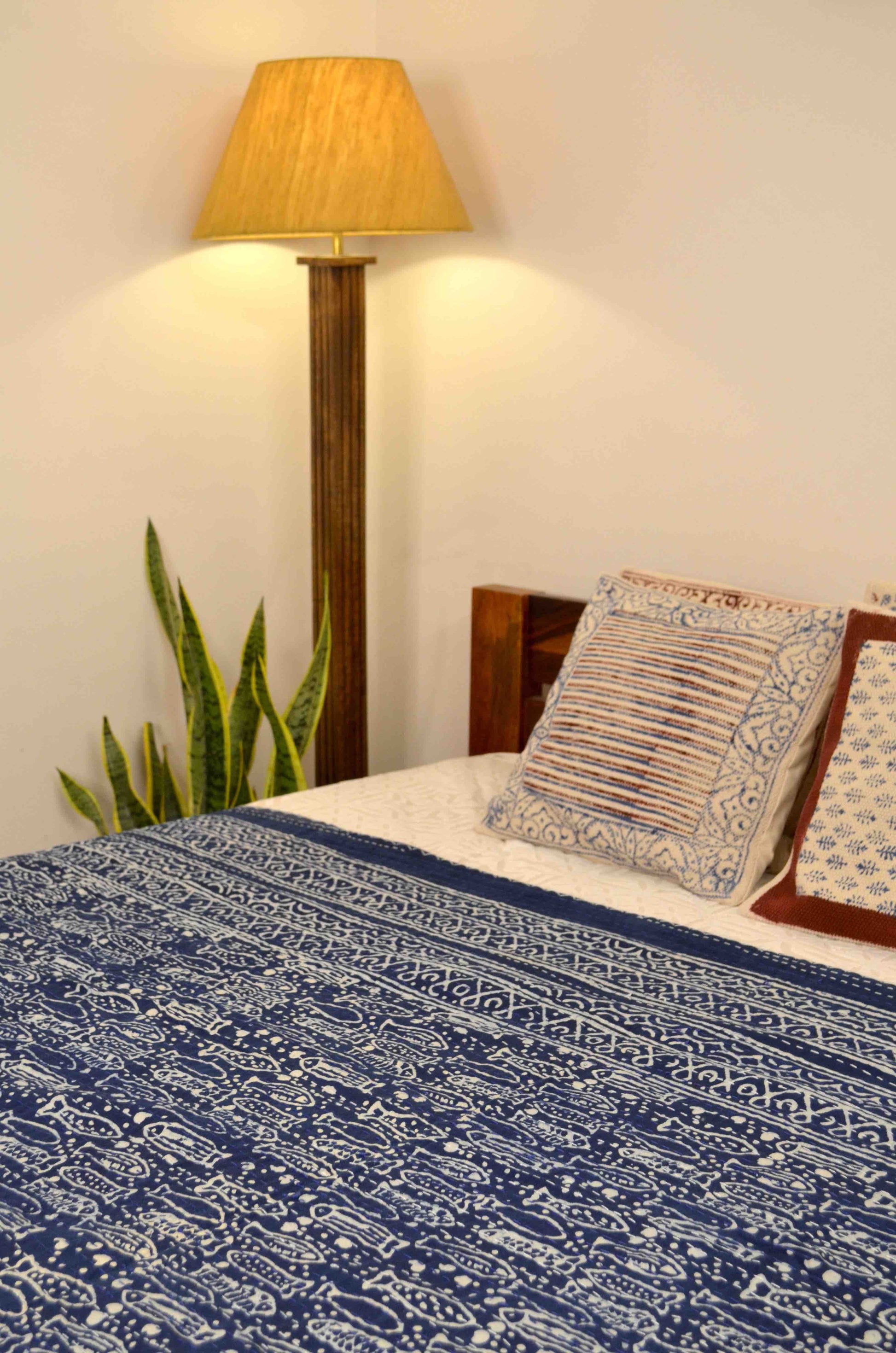Indigo Fish Hand Block Double Bed Queen Hand Embroidered Bedspread/ Dohar - Nakhrro