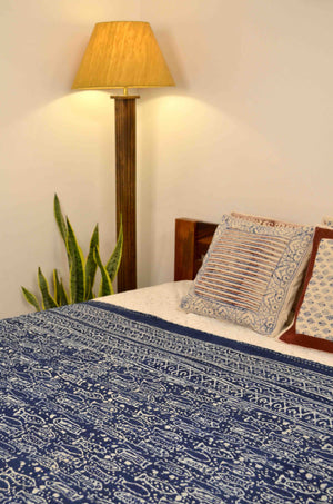 Indigo Fish Hand Block Double Bed Queen Hand Embroidered Bedspread/ Dohar - Nakhrro