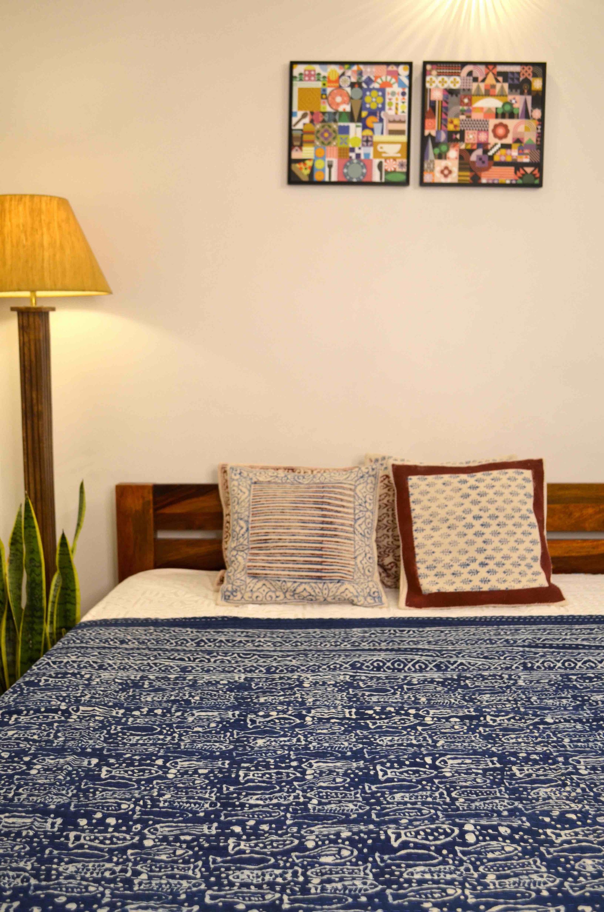 Indigo Fish Hand Block Double Bed Queen Hand Embroidered Bedspread/ Dohar - Nakhrro