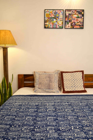 Indigo Fish Hand Block Double Bed Queen Hand Embroidered Bedspread/ Dohar - Nakhrro