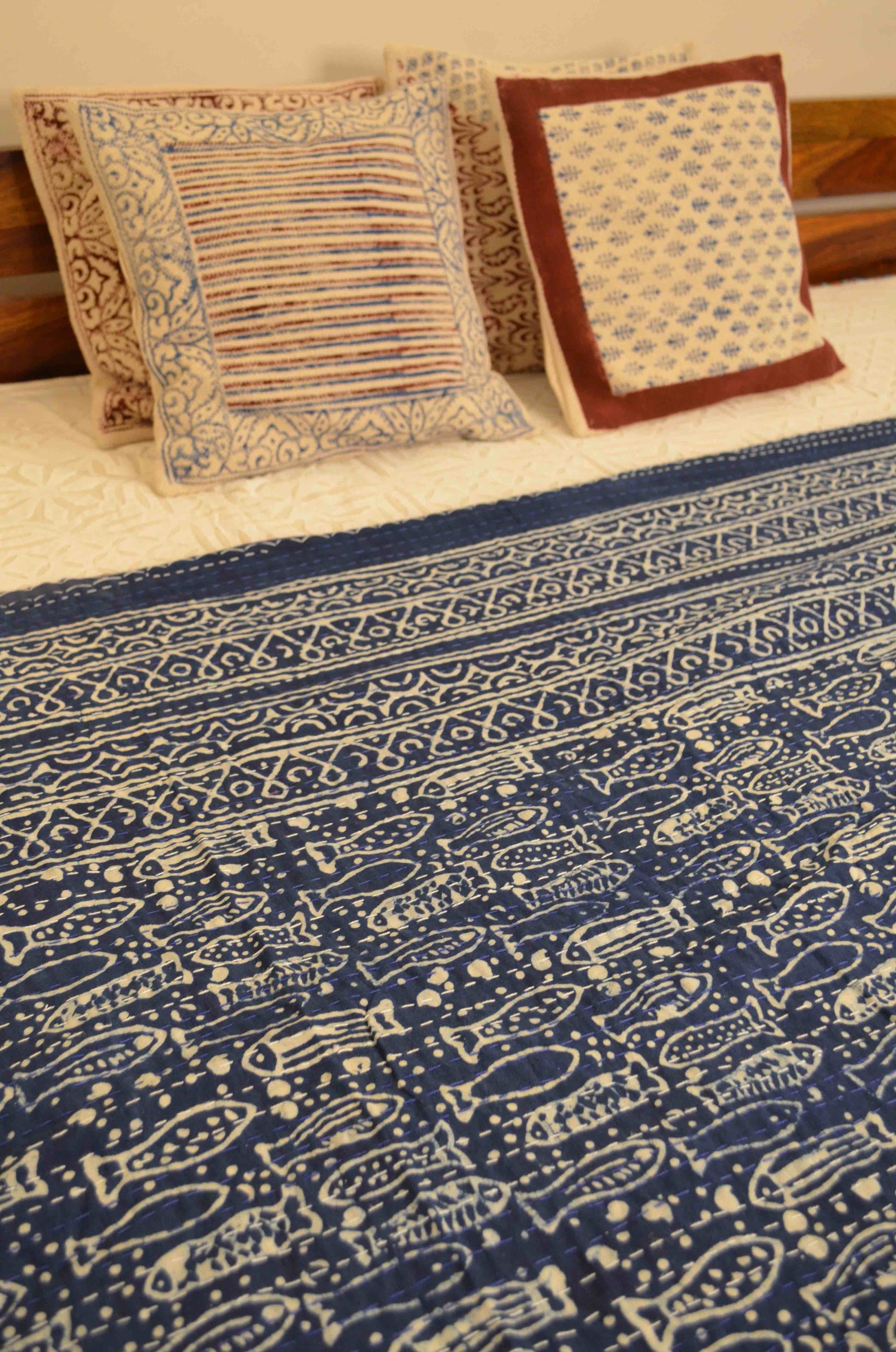 Indigo Fish Hand Block Double Bed Queen Hand Embroidered Bedspread/ Dohar - Nakhrro