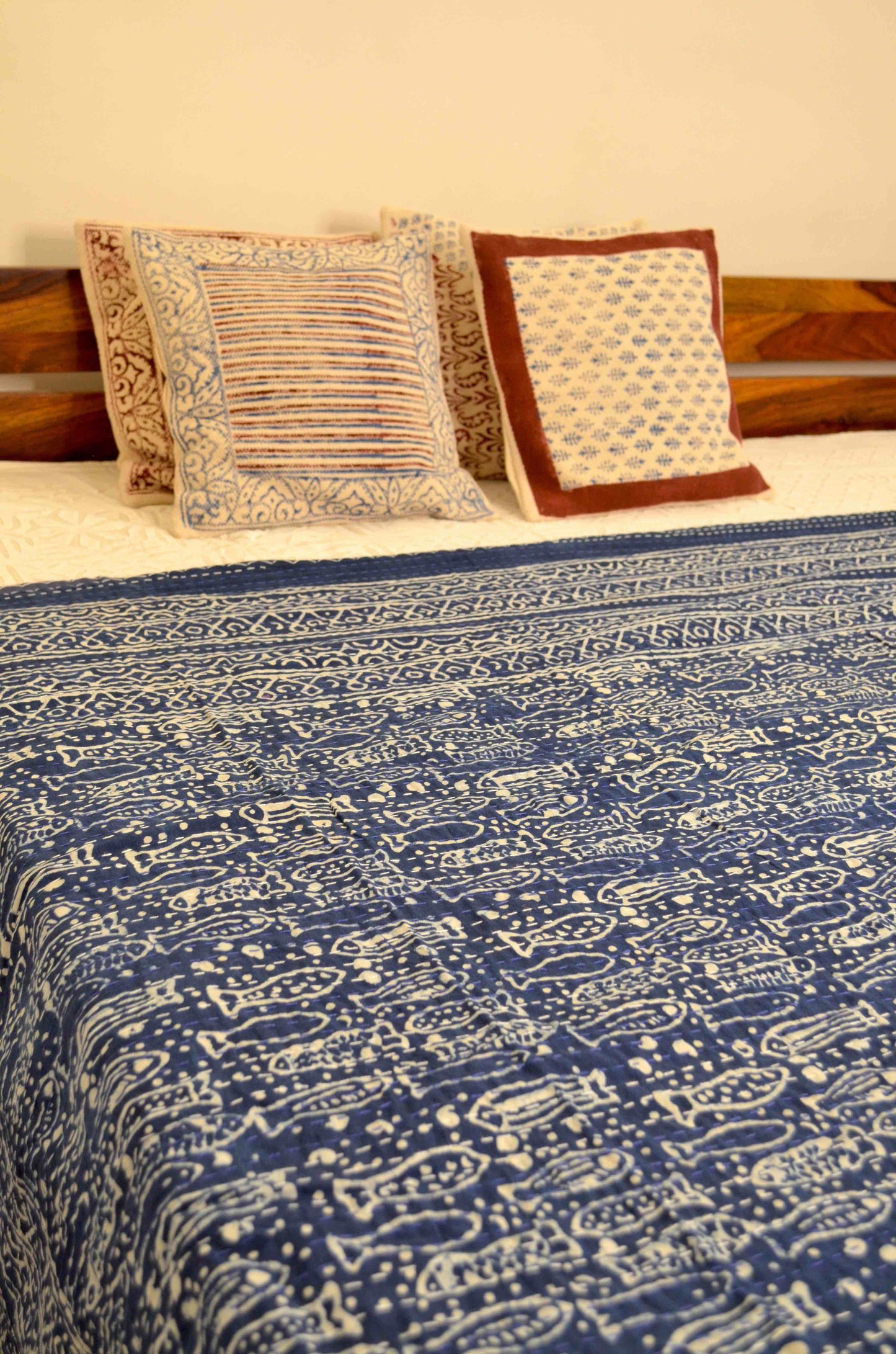 Indigo Fish Hand Block Double Bed Queen Hand Embroidered Bedspread/ Dohar - Nakhrro