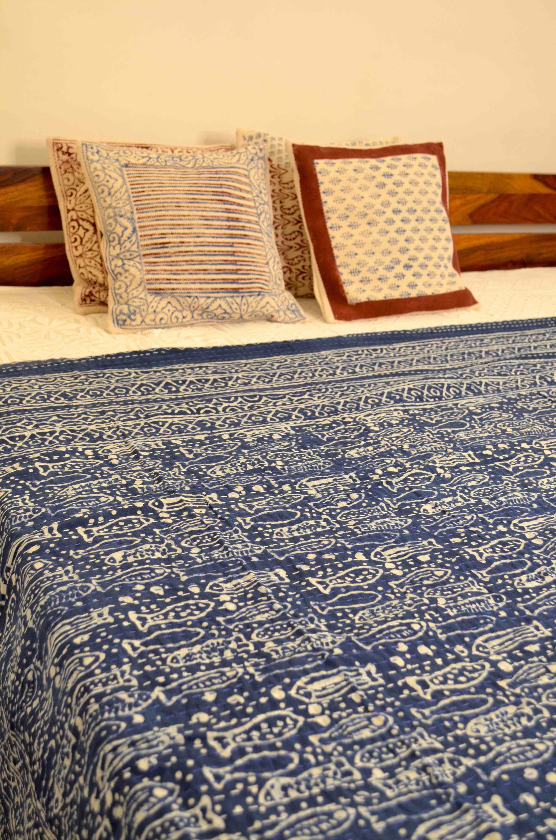 Indigo Fish Hand Block Double Bed Queen Hand Embroidered Bedspread/ Dohar - Nakhrro