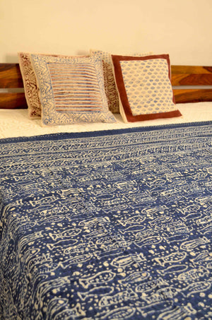Indigo Fish Hand Block Double Bed Queen Hand Embroidered Bedspread/ Dohar - Nakhrro