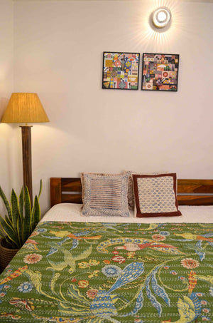 Green Peacock Double Bed Queen Hand Embroidered Bedspread/ Dohar - Nakhrro
