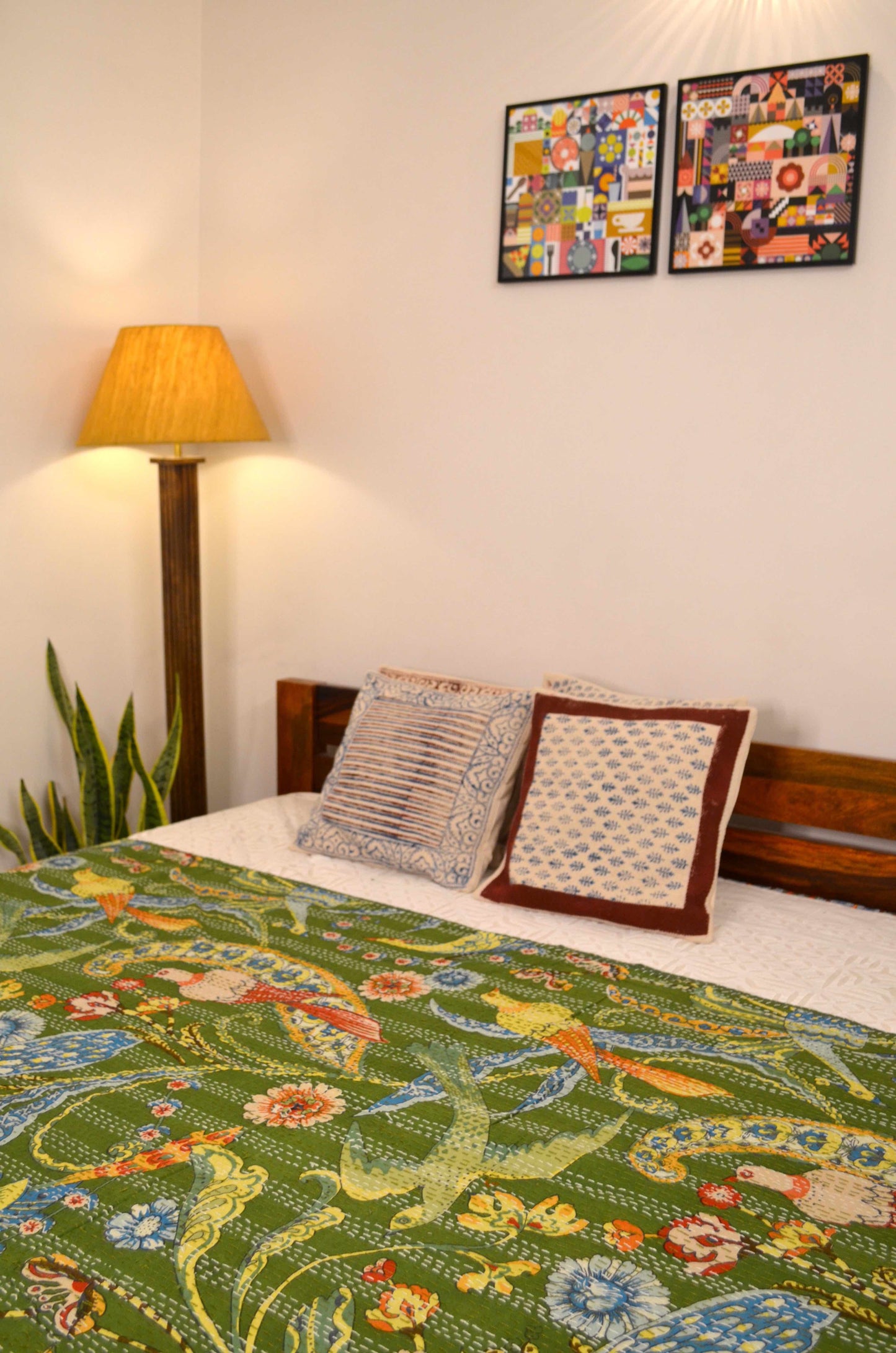Green Peacock Double Bed Queen Hand Embroidered Bedspread/ Dohar - Nakhrro