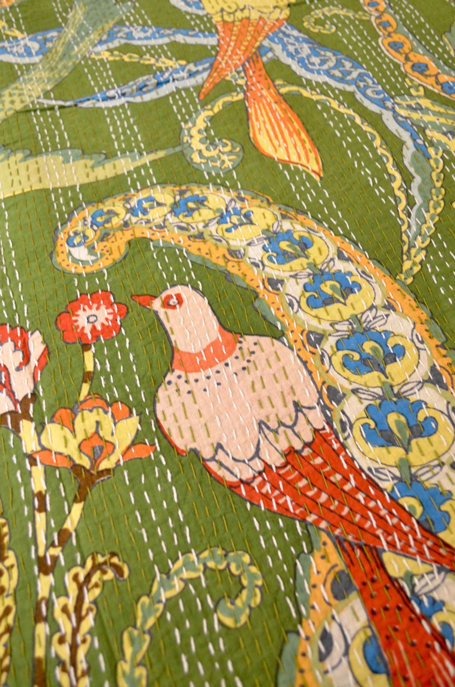Green Peacock Double Bed Queen Hand Embroidered Bedspread/ Dohar - Nakhrro