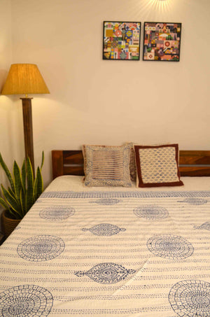Indigo Motifs Single Bed Queen Hand Embroidered Dohar - Nakhrro