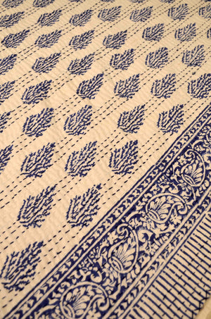 Indigo Leaf Motifs Single Bed Queen Hand Embroidered Dohar - Nakhrro