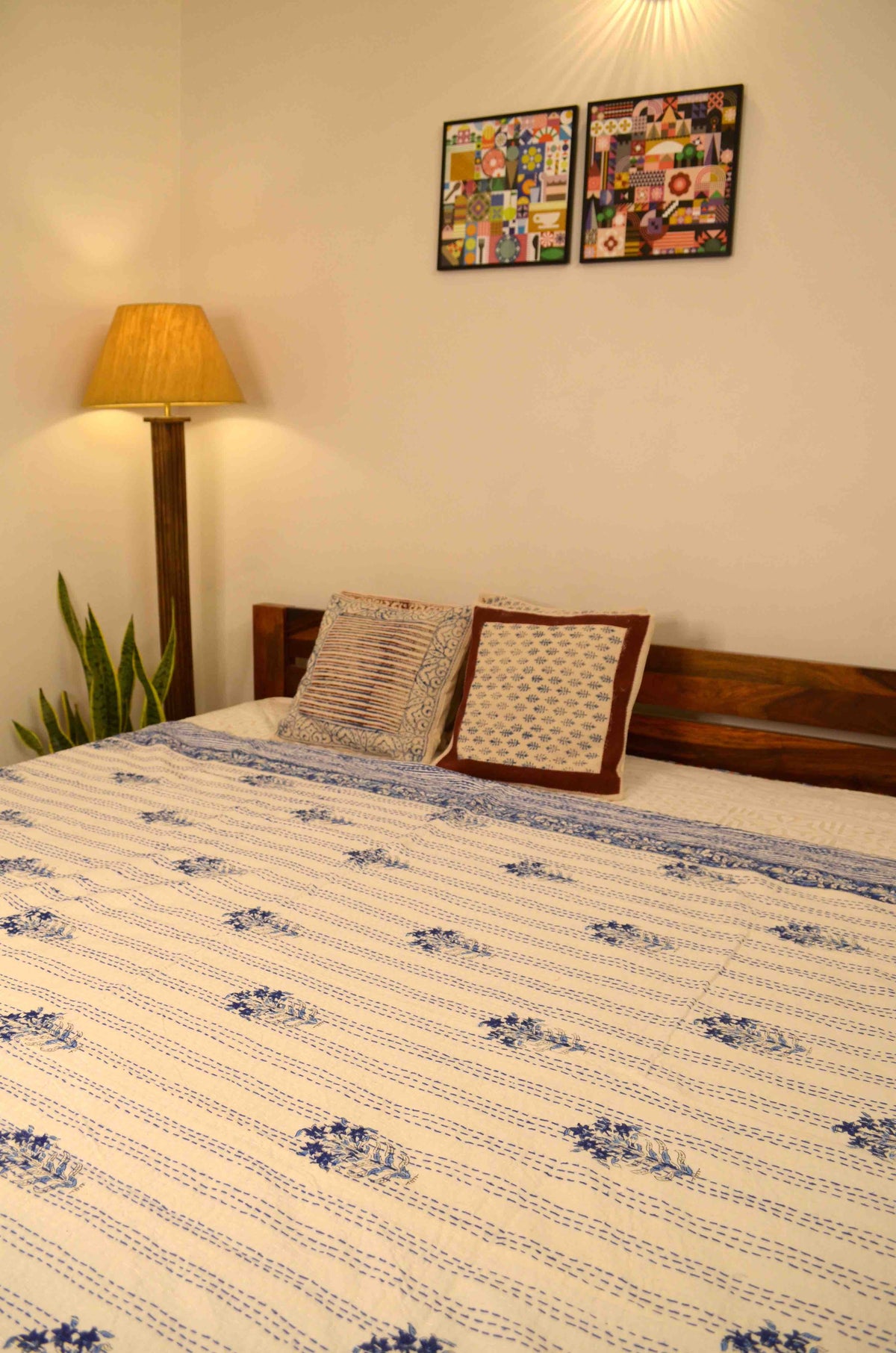 Blue Floral Motifs Single Bed Queen Hand Embroidered Dohar - Nakhrro