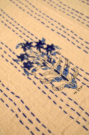 Blue Floral Motifs Single Bed Queen Hand Embroidered Dohar - Nakhrro