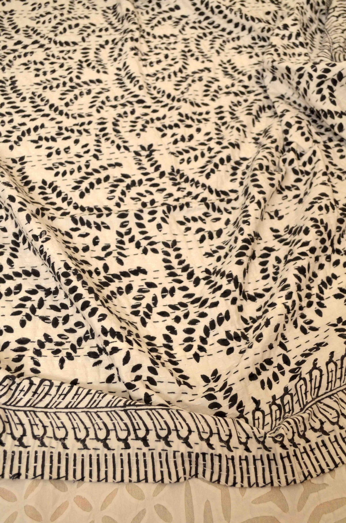 Black Floral Motifs Single Bed Queen Hand Embroidered Dohar - Nakhrro