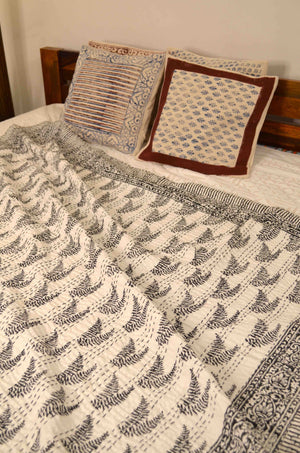 Black Leaf Motifs Single Bed Queen Hand Embroidered Dohar - Nakhrro