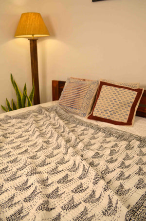 Black Leaf Motifs Single Bed Queen Hand Embroidered Dohar - Nakhrro