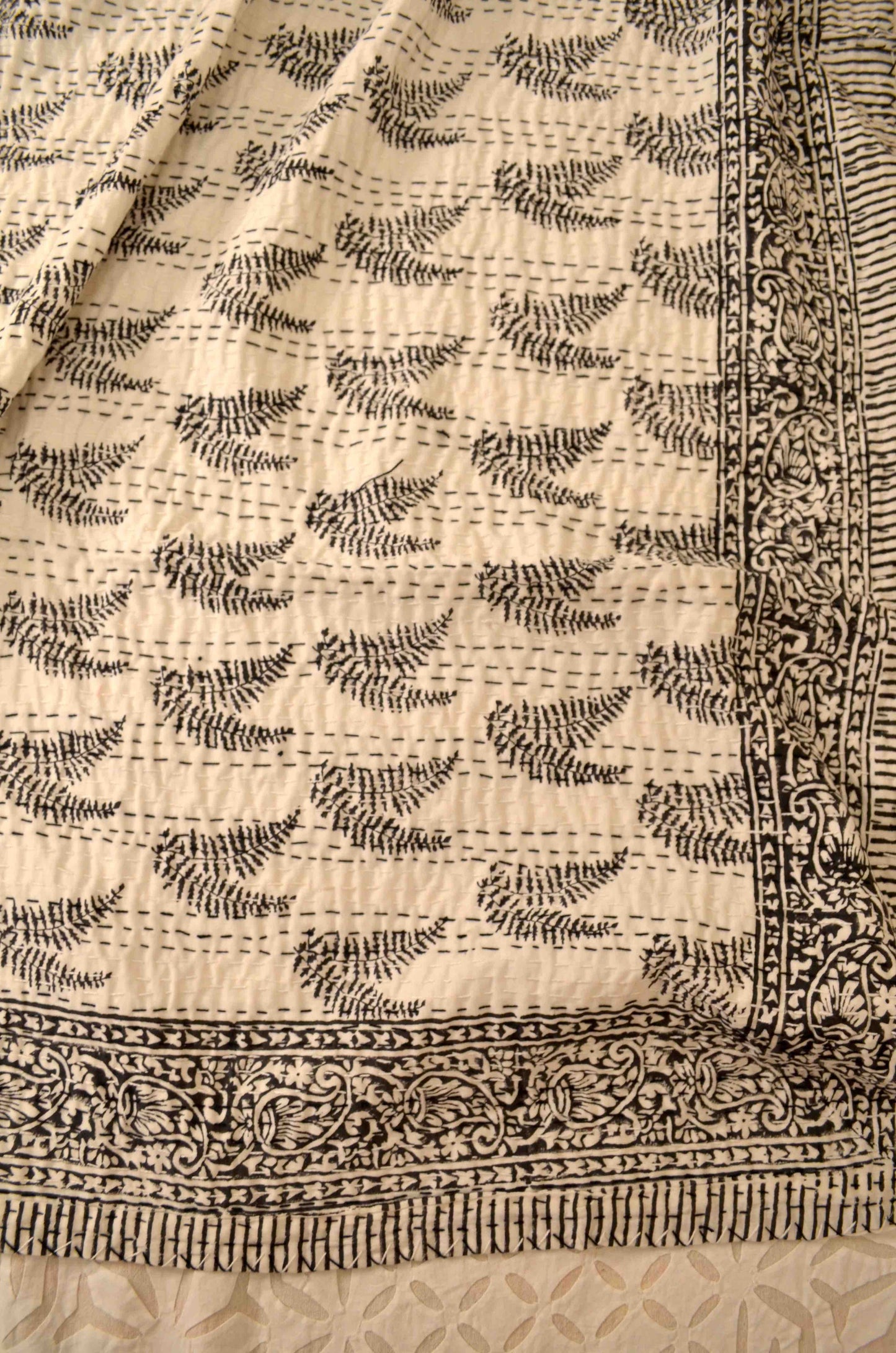 Black Leaf Motifs Single Bed Queen Hand Embroidered Dohar - Nakhrro