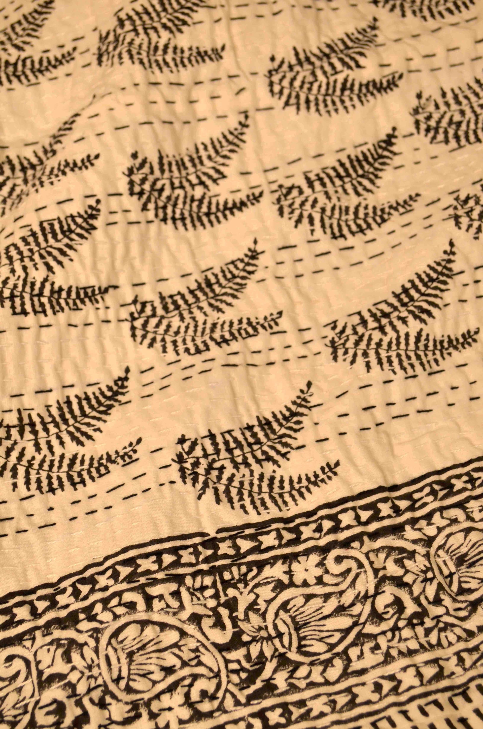 Black Leaf Motifs Single Bed Queen Hand Embroidered Dohar - Nakhrro