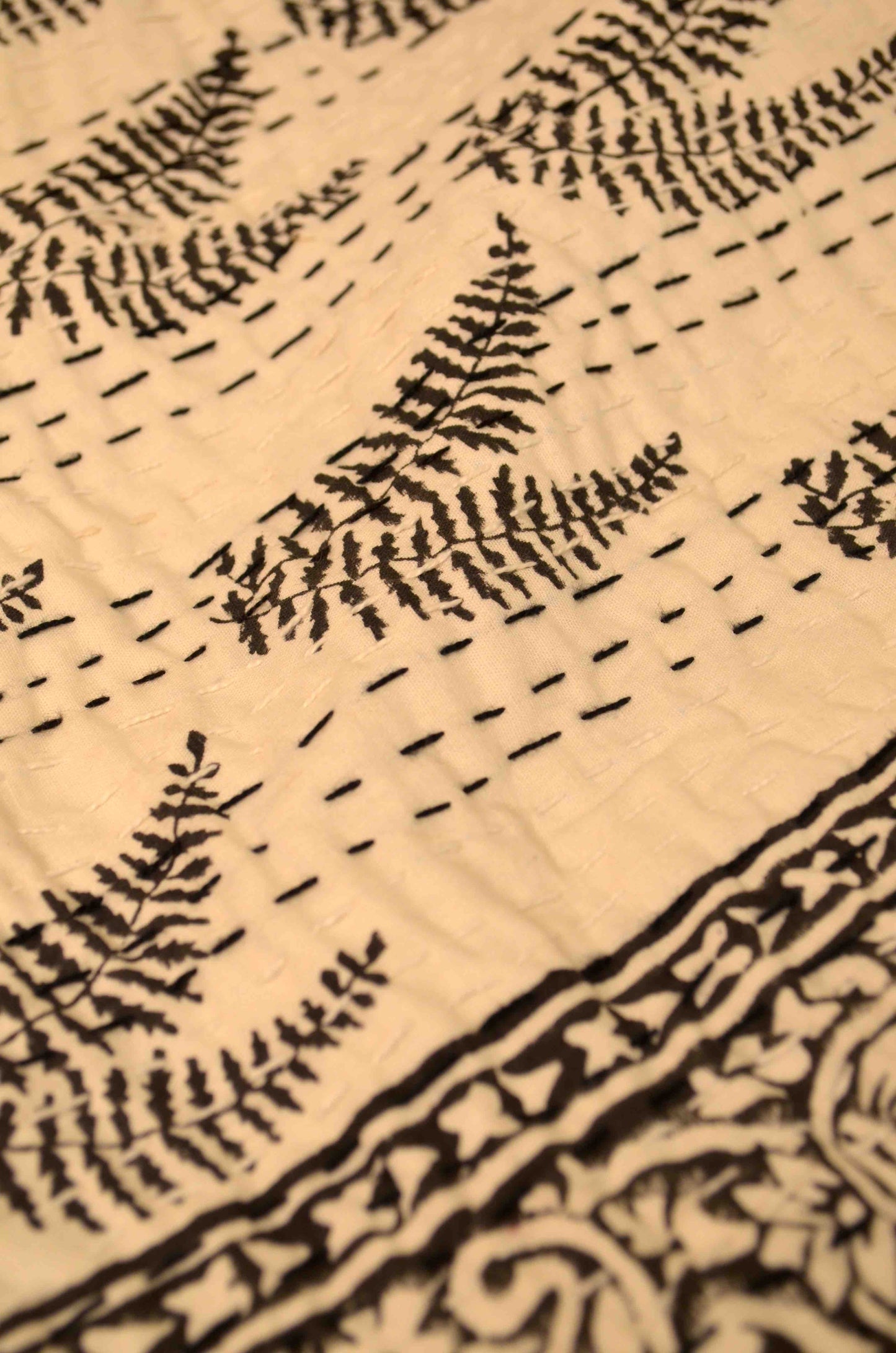 Black Leaf Motifs Single Bed Queen Hand Embroidered Dohar - Nakhrro