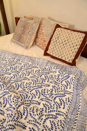 Blue Floral Single Bed Queen Hand Embroidered Dohar - Nakhrro