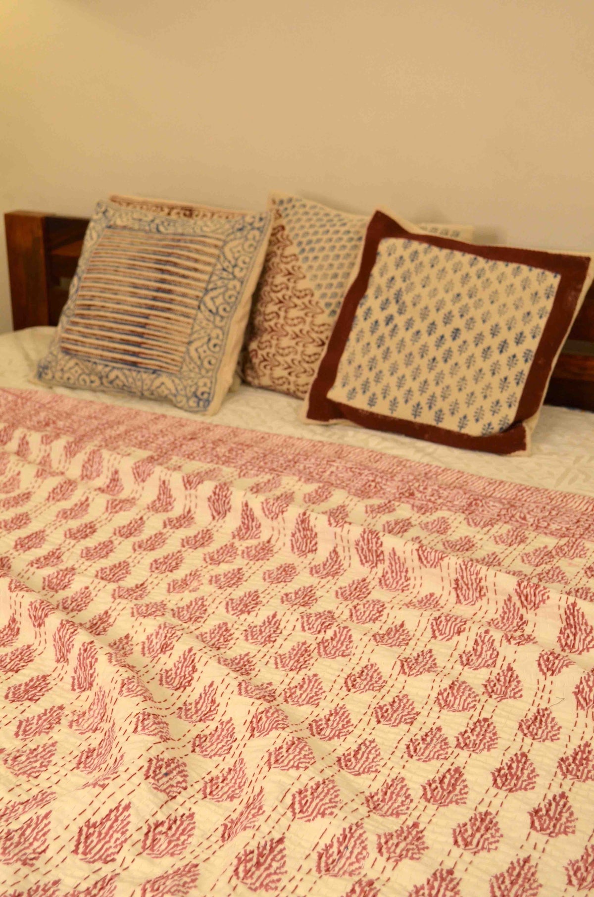 Magenta Leaf Hand Embroidered Block Print Queen Size Kantha Bedspread - Nakhrro