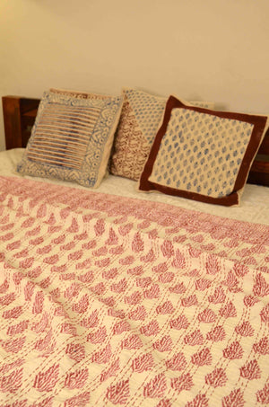 Magenta Leaf Hand Embroidered Block Print Queen Size Kantha Bedspread - Nakhrro
