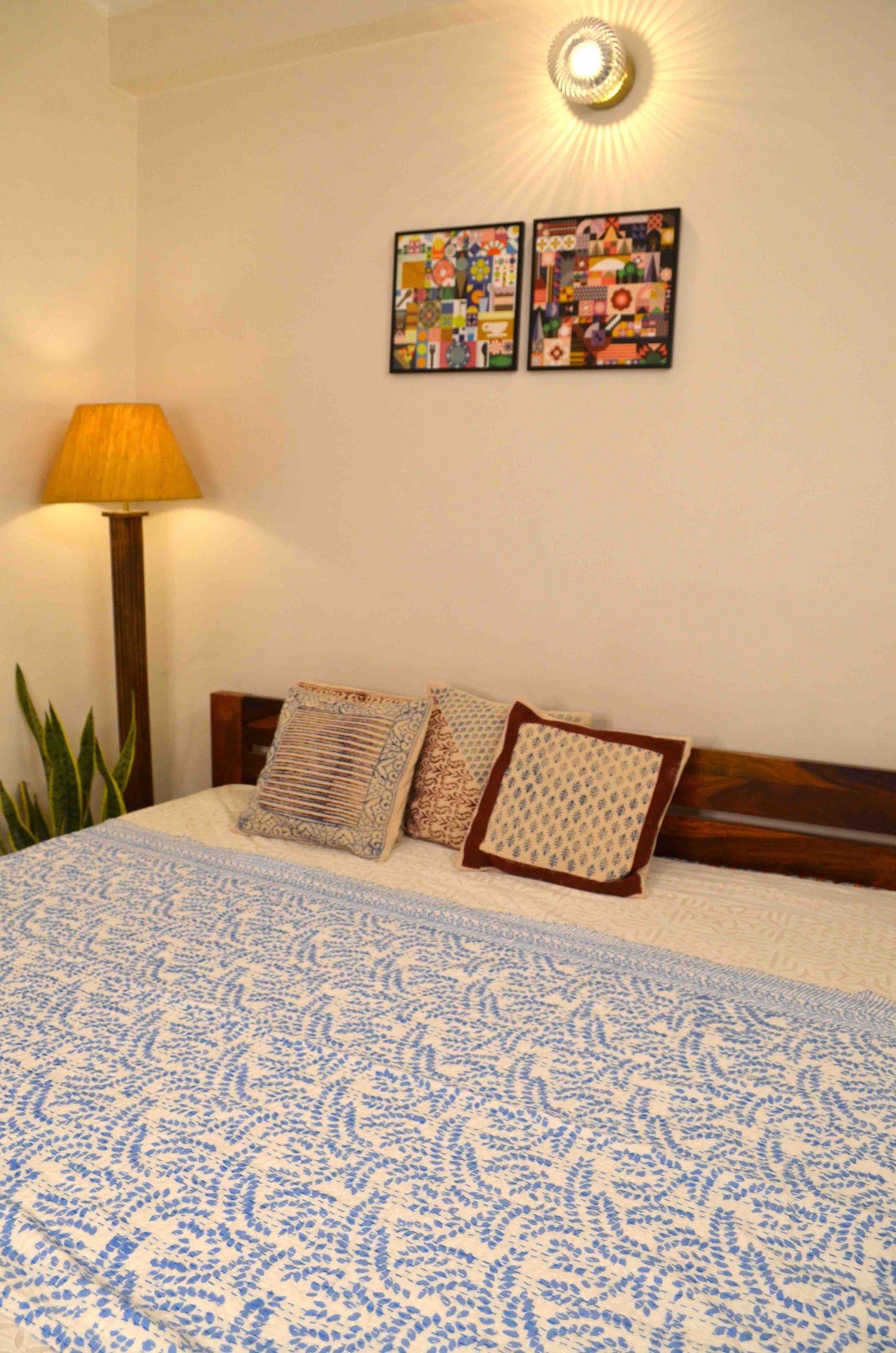 Blue Floral Double Bed Queen Hand Embroidered Bedspread/ Dohar - Nakhrro
