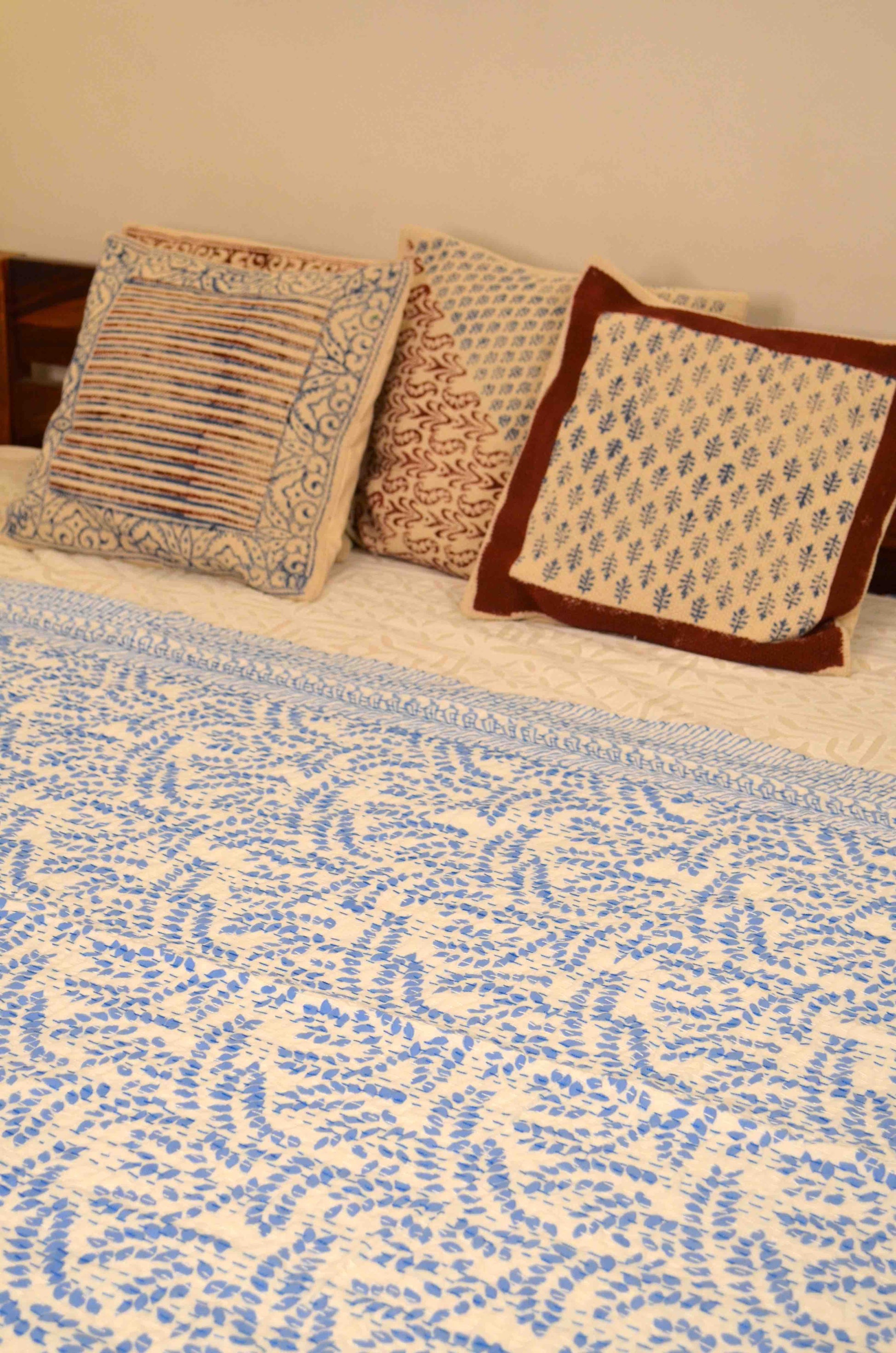 Blue Floral Double Bed Queen Hand Embroidered Bedspread/ Dohar - Nakhrro
