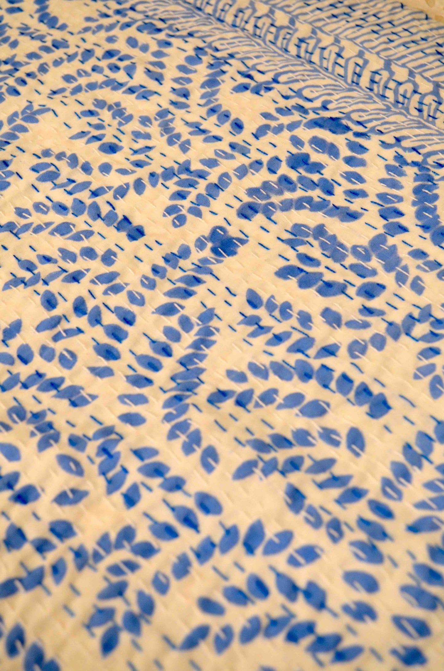 Blue Floral Double Bed Queen Hand Embroidered Bedspread/ Dohar - Nakhrro